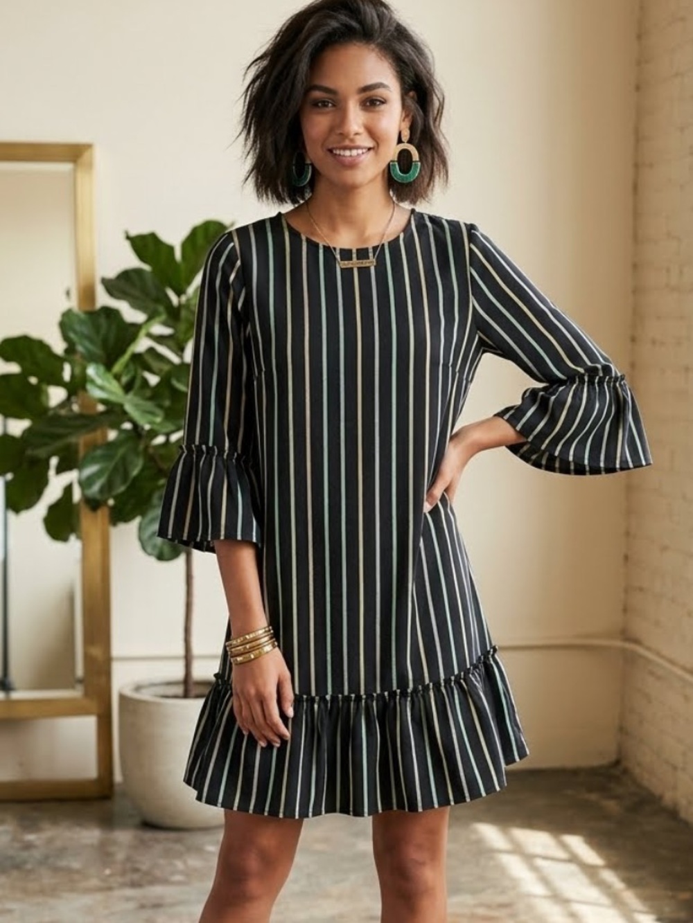 The Impeccable Pig Black Striped Ruffle Hem Mini Dress Bell Sleeves 100% Cotton